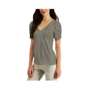 Studio by JPR Olive Green Ruched Puff Short Sleeve Vneck Top Womens Small New